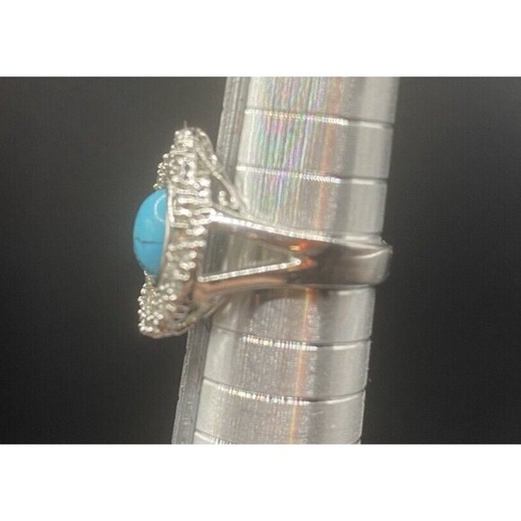 Turquoise Cabochon Ring w/ Orbiting Numerous CZ Split Shank Size 6 Futuristic - Picture 4 of 7